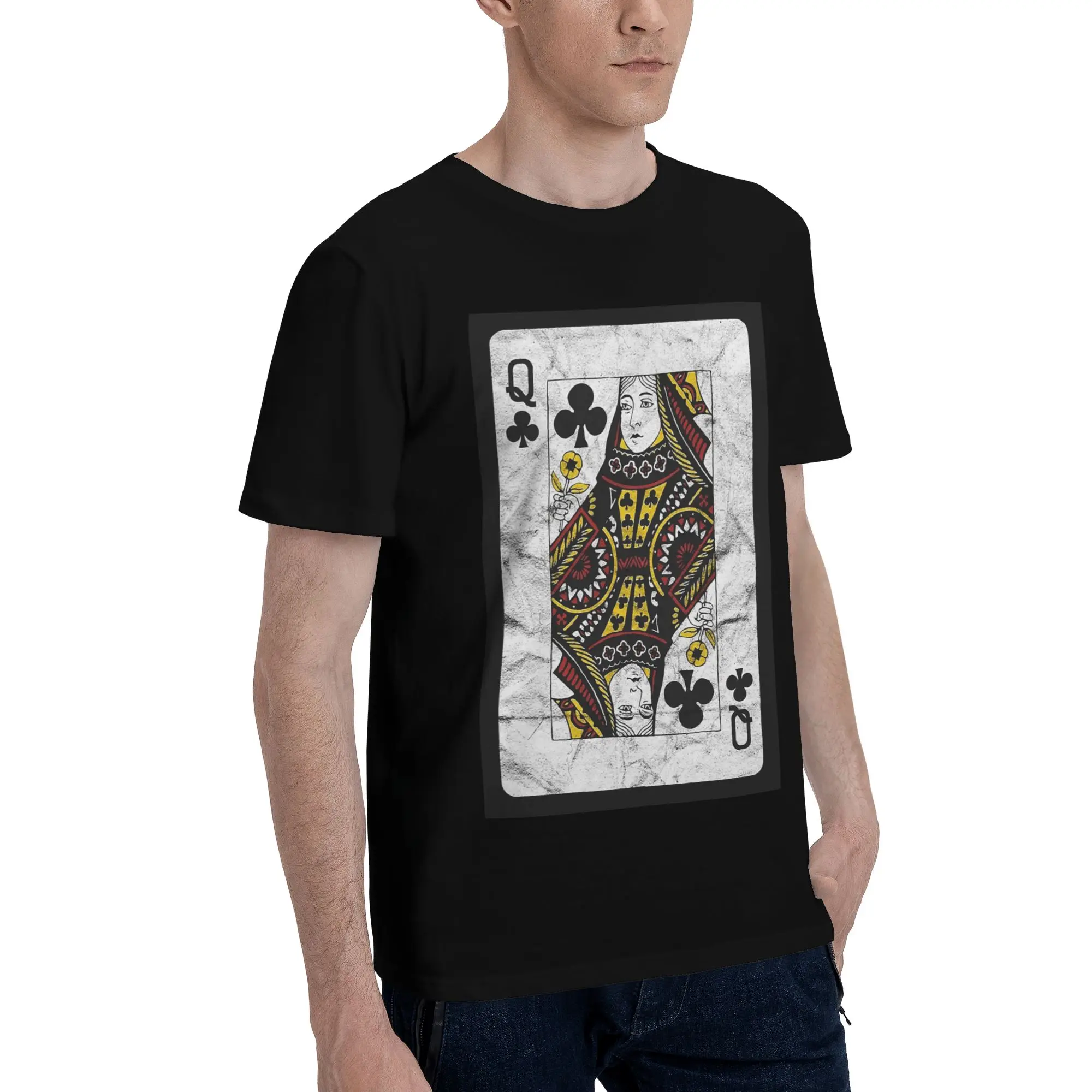 

Playing Cards Queen Clubs (distressed design) Men T-Shirt Plus Size T Shirts Men's Round Neck Cotton Tees Short Summer Male