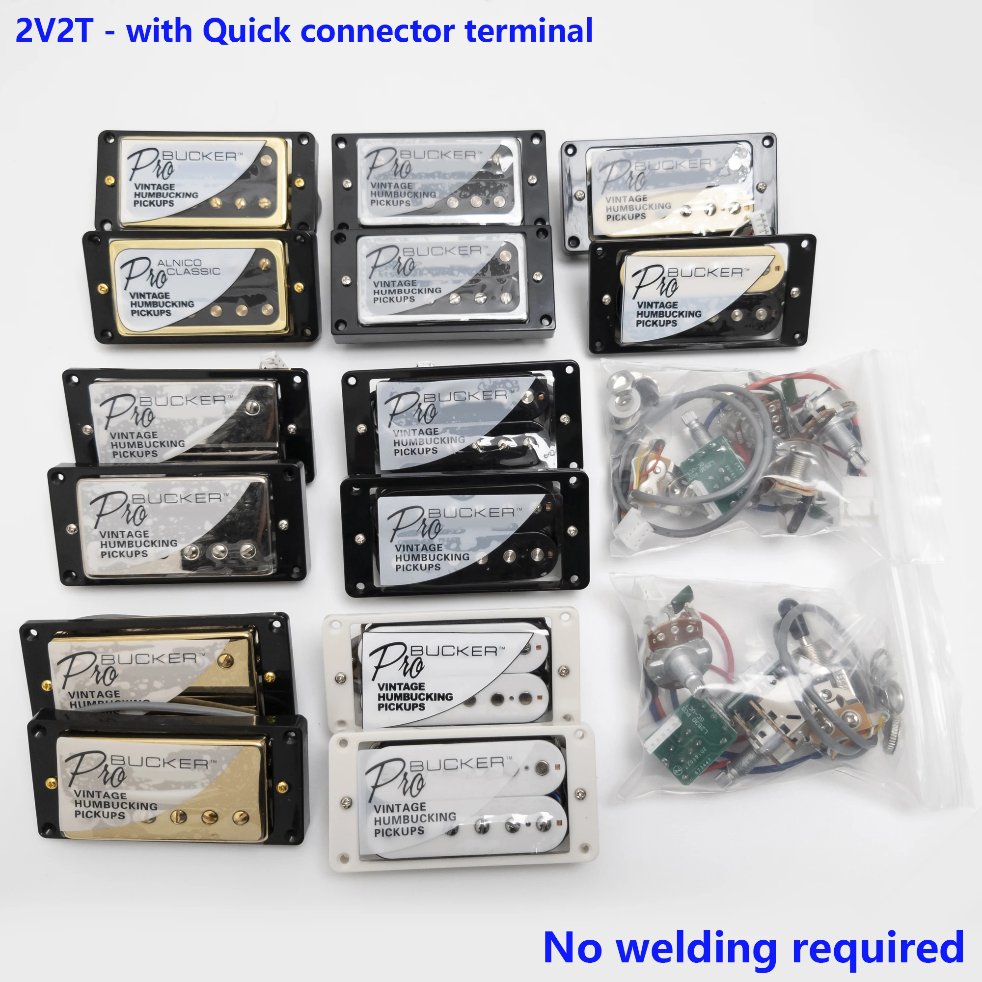 

ProBucker Guitar Humbucker Pickup Solder-Free Bridge Neck Alnico 5 Pickups Quick-Connect Terminals 2V2T Push Pull Wiring Harness