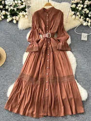 Croysier Long Dresses Women 2024 Lace Trim Round Neck Long Sleeve Autumn Dress Front Pearl Buttoned Elegant Maxi Dress With Belt