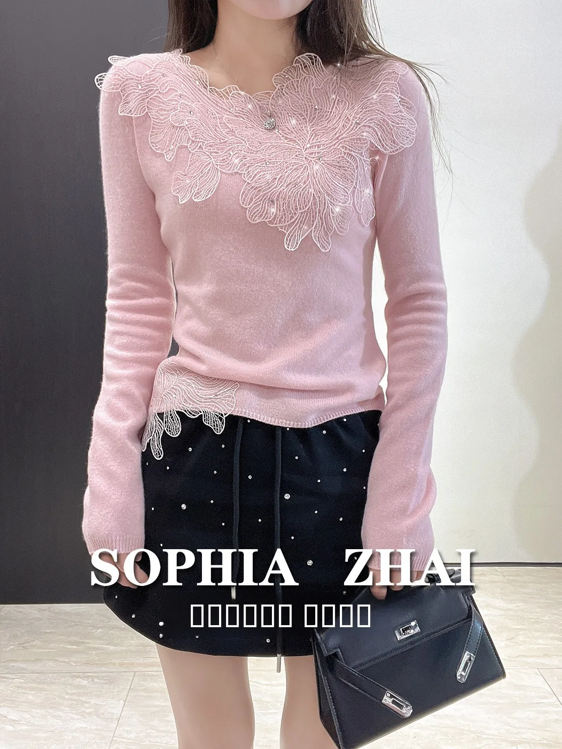 

Women's Slim Fit Camere Sweater Embroidered Flower Lace Patchwork Base Layer Knitwear Sweet Sle Wave Pattern Bead Decoration