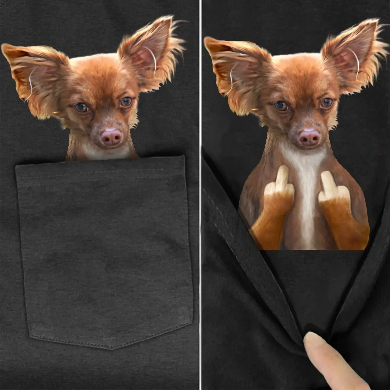 CLOOCL Chihuahua T-shirt Animals Dog Double Middle Finger in Pocket 3D Printed Tees Fashion Black Casual Shirts Hip Hop Tops