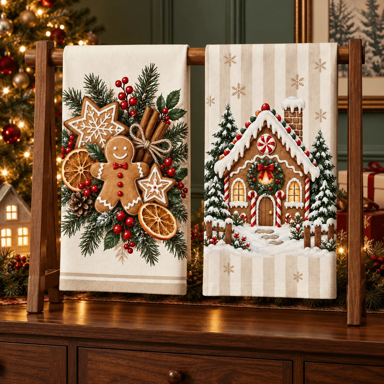 2-Pack Merry Christmas Kitchen Towels, Watercolor Gingerbread Man, Gingerbread House, Pine Branches and Red Berries Printed Cleaning Cloths, American Country-Style Holiday Decoration Tea Towels, Absorbent Waffle Kitche
