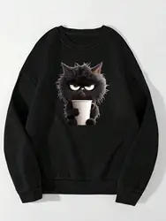 Street Women Sweatshirts Black Cat And Paper Cup Printing Hoodies Comfortable All-Math Pullover Crewneck Loose Female Tops