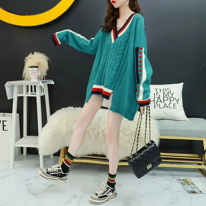 Fashion V-Neck Spliced Loose Asymmetrical Sweaters Female Clothing 2023 Autumn Winter Oversized Casual Pullovers Korean Tops