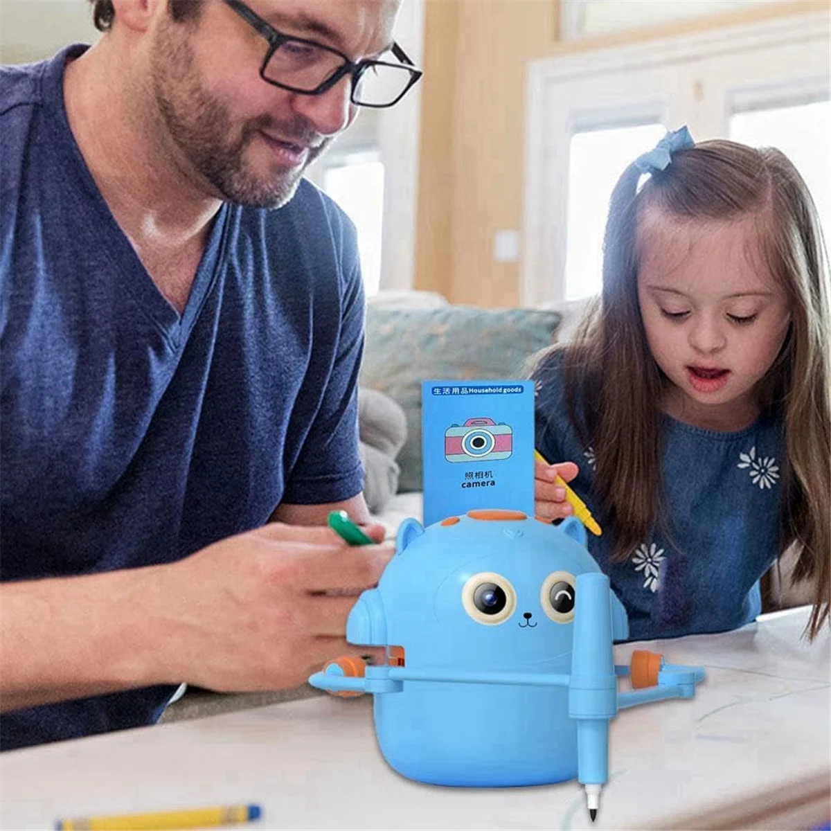 روبوت رسم تعليمي تفاعلي AA98، 100 بطاقة رسم، روبوت رسم ذكي، روبوت رسم تعليمي مبكر أزرق