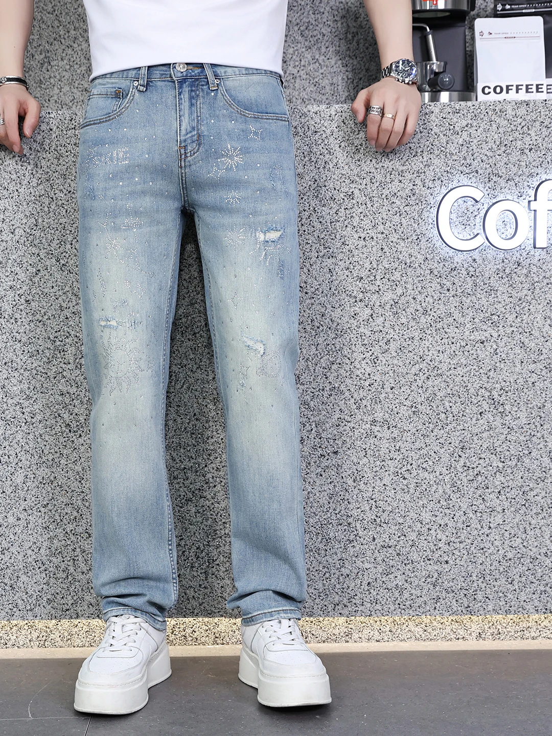 High-End Trendy Brand Men's Slim Fit Jeans Spring Summer New Style Printed Rhinestone Hole Casual Fashion Long Pants