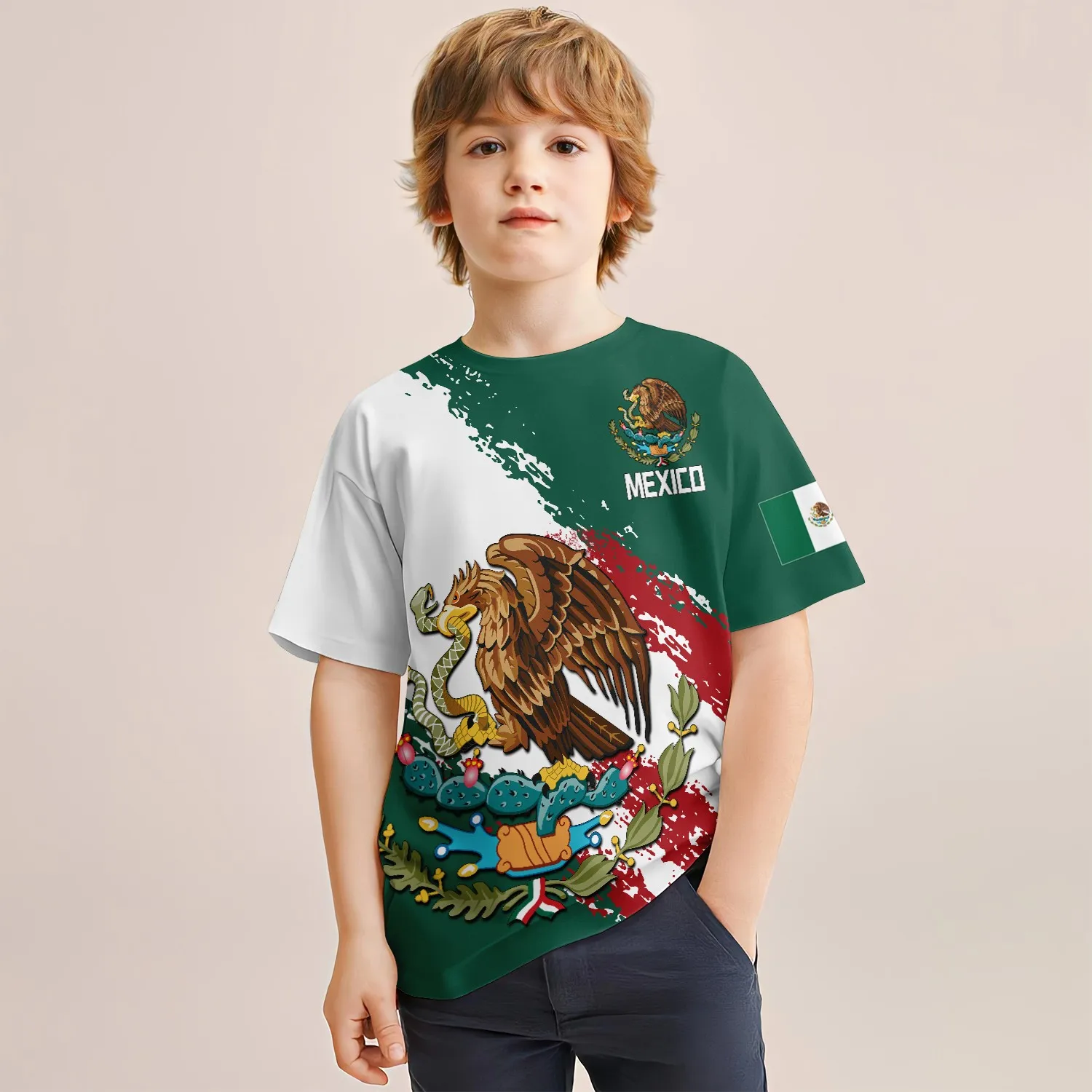 New Summer Casual Boy MEXICO Eagle Pattern 3D Print T-Shirt - All-Season Comfort, Durable & Easy-Care Kid Fashion Funny Clothing