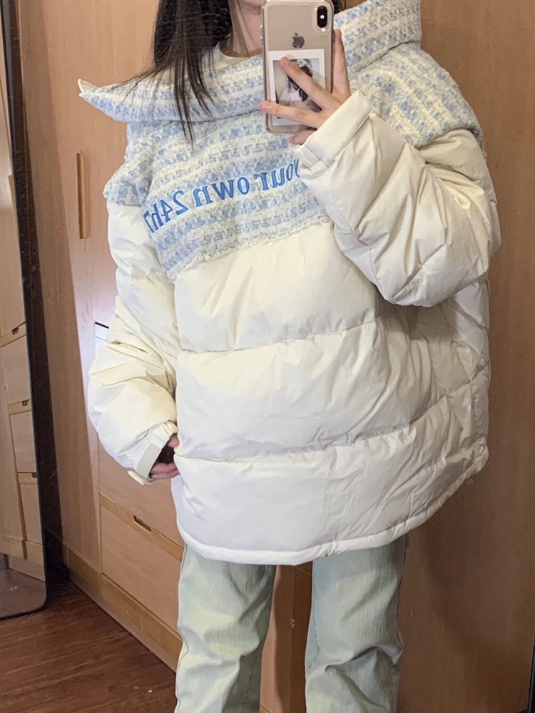 

Women's Knitted Patchwork down Cotton Jaet Winter Thiened Bread Sle Coat Korean Loose Fit Long Sve Cotton Puffer