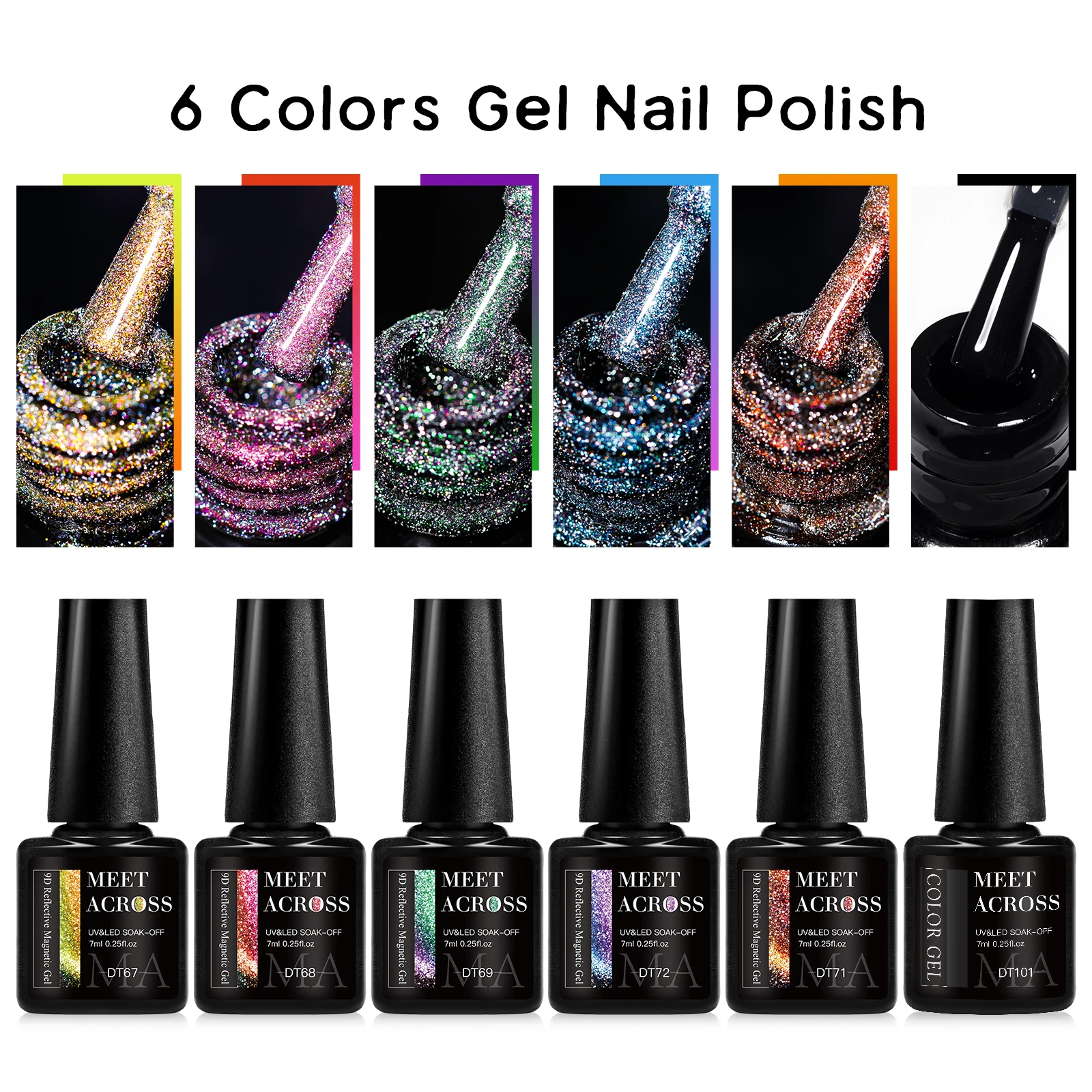6Pcs Cat Eyes Magnetic Gel Nail Polish Cat Magnetic Aurora Spar Glitter Semi-Permanant Varnish Nail Art Nail Supplies Kit