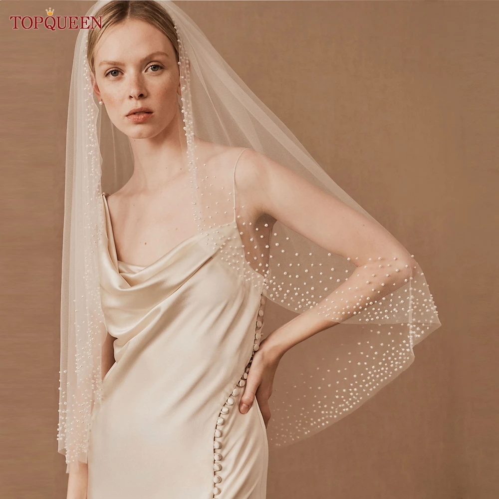 TOPQUEEN V157 Wedding Veil Classic Chapel Length Pearls Bridal Veil 1 Tier Soft Beading Wedding Accessories for Bride Church Vei