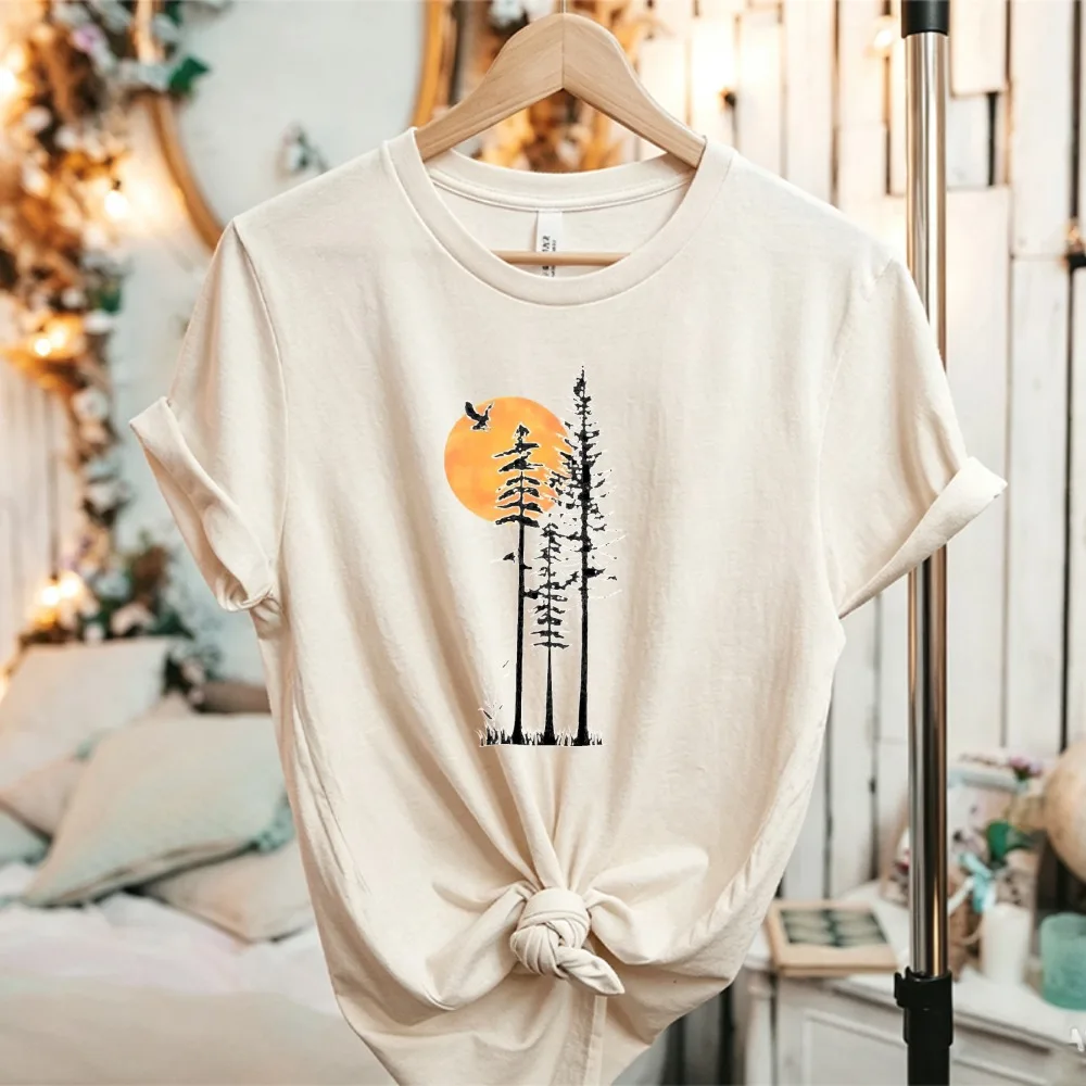 Autumn Women Pine Tree Moon Eagle Nature Cotton T Shirt Forest Wilderness Outdoor Graphic Casual Short Sleeve Tee Hiking Tops