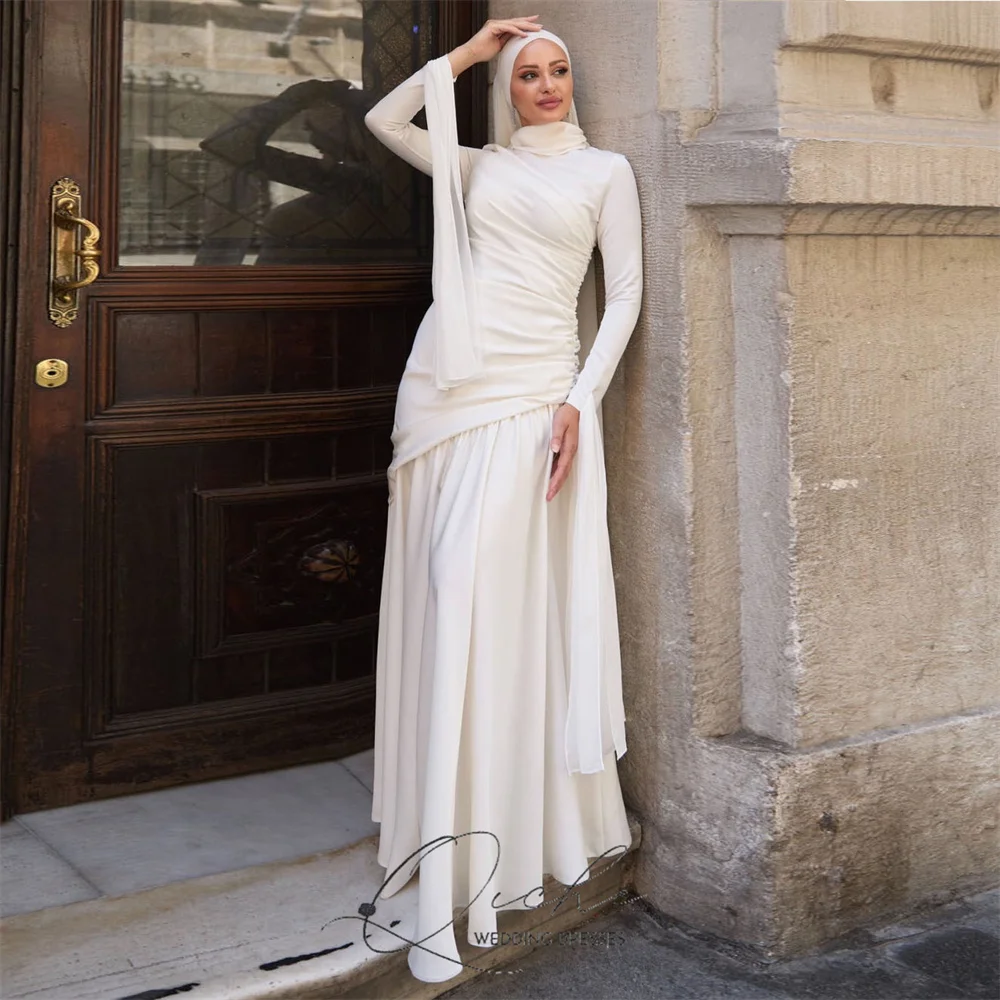 QICHE Bescheiden Plooi Moslim A-lijn Trouwjurk Vrouwen Lange Mouw Hoge Kraag Party Gown Vloerlengte Vestido De Novia Aangepaste