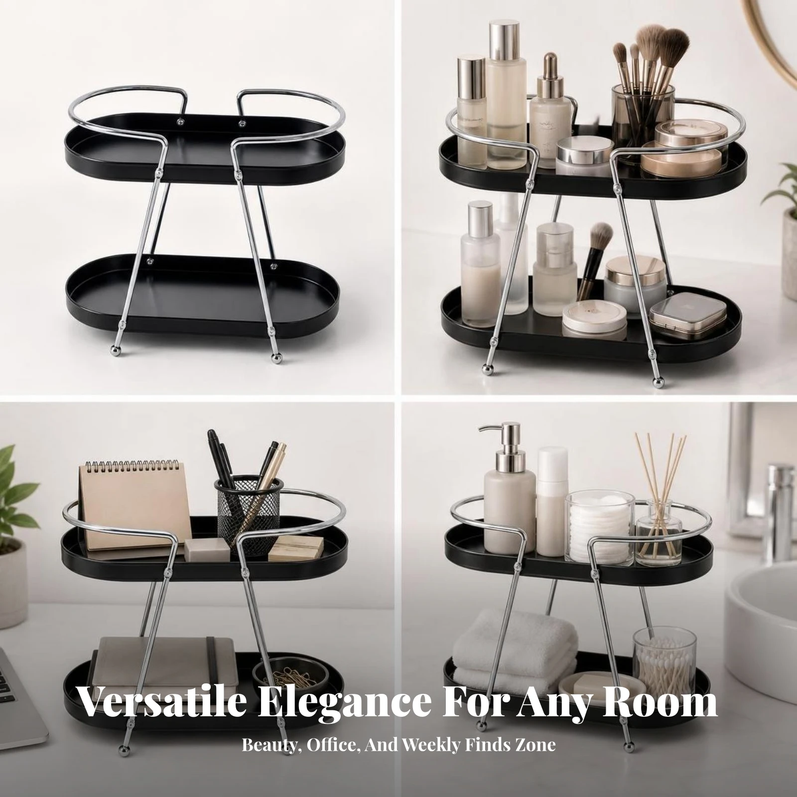 Two-Tier Organizer Rack Slim Metal Organizer with Oval Trays Tabletop Storage Rack Compact for Bathroom Counter, Vanity