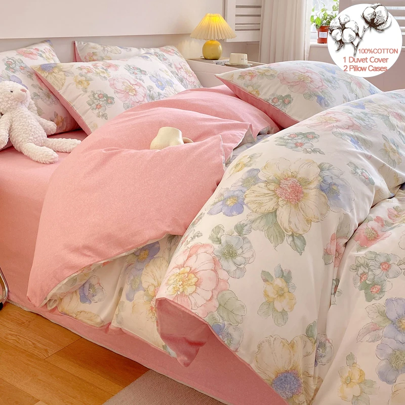 Luxury 100% Cotton Floral Duvet Cover Set 3-Piece (1 Duvet Cover + 2 Pillowcases) - Wrinkle-Free, Hotel Quality Bedding Set