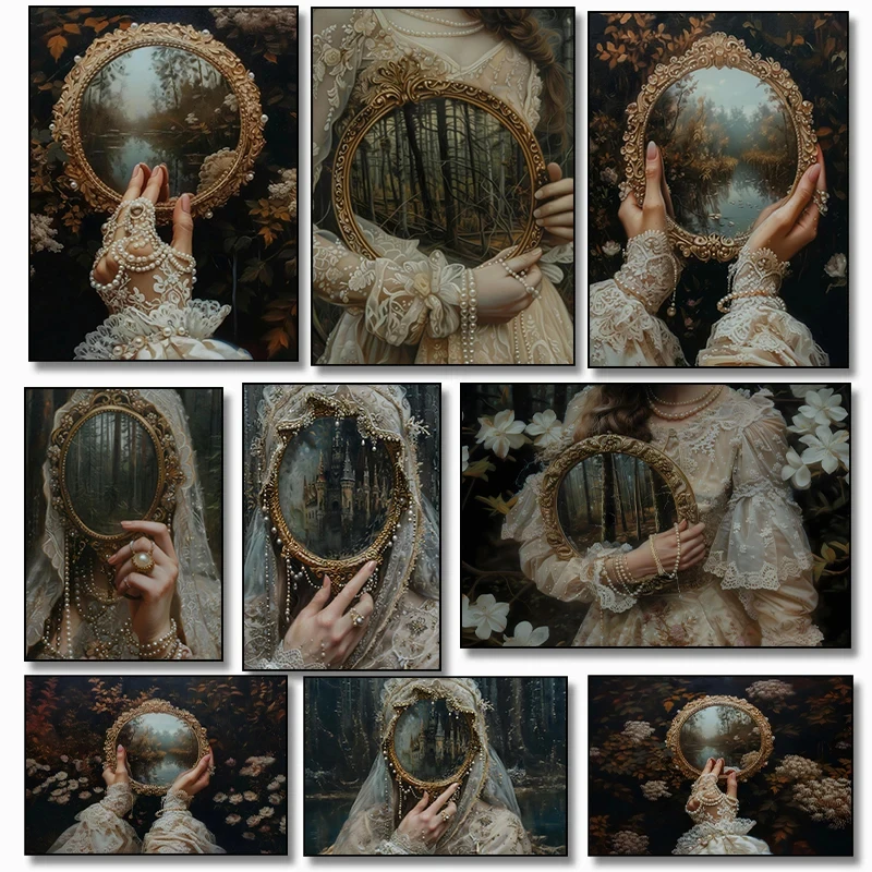 Victorian Woman Lace Pearls Mirror Posters and Prints Canvas Printing Vintage Wall Art Picture for Living Room Home Decor Gifts