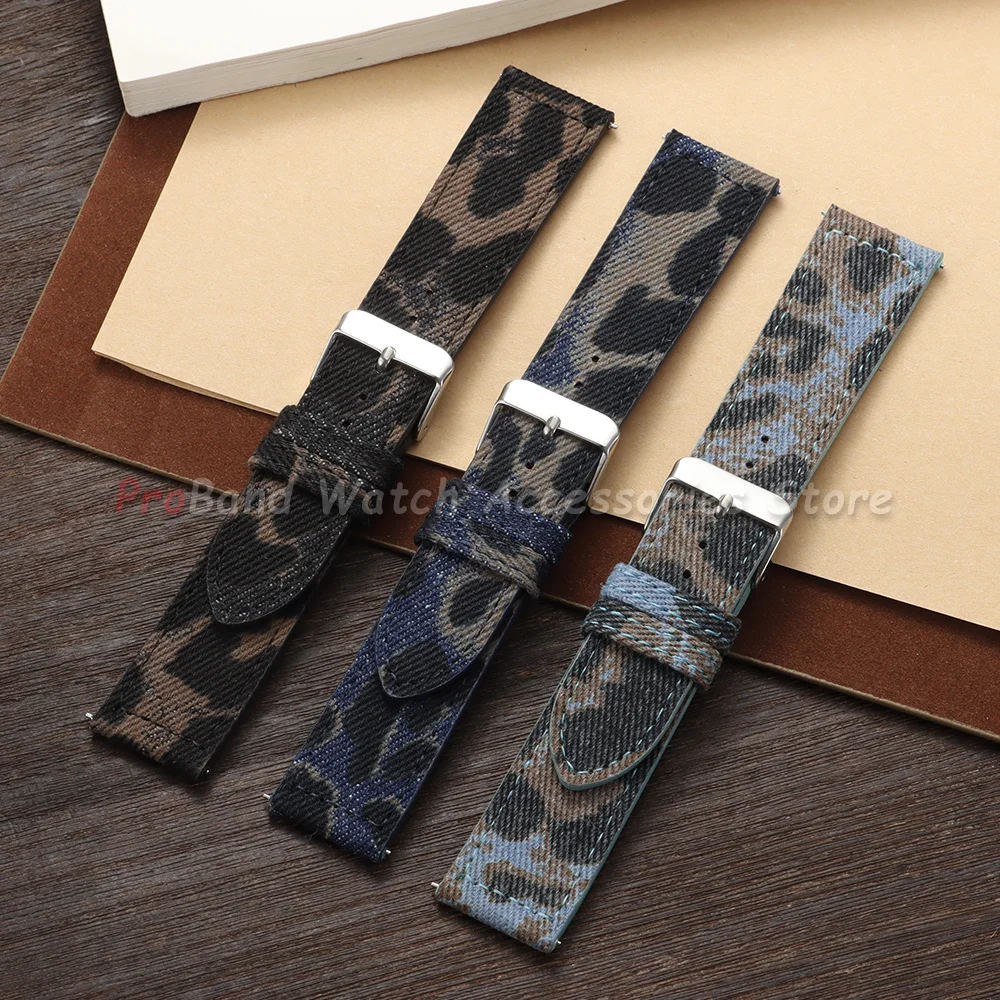 18mm 20mm 22mm Leopard Denim Fabric Watch Strap Quick Release Watch Band Universal Replacement Watchbands Woven Leather Bracelet