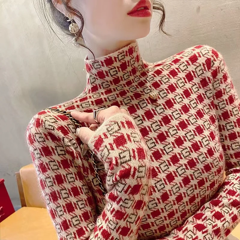 Maglione da donna Autunno Inverno Plaid lavorato a maglia Maglioni sottili Elasticità Dolcevita Pullover vintage Moda Comodo interno Top