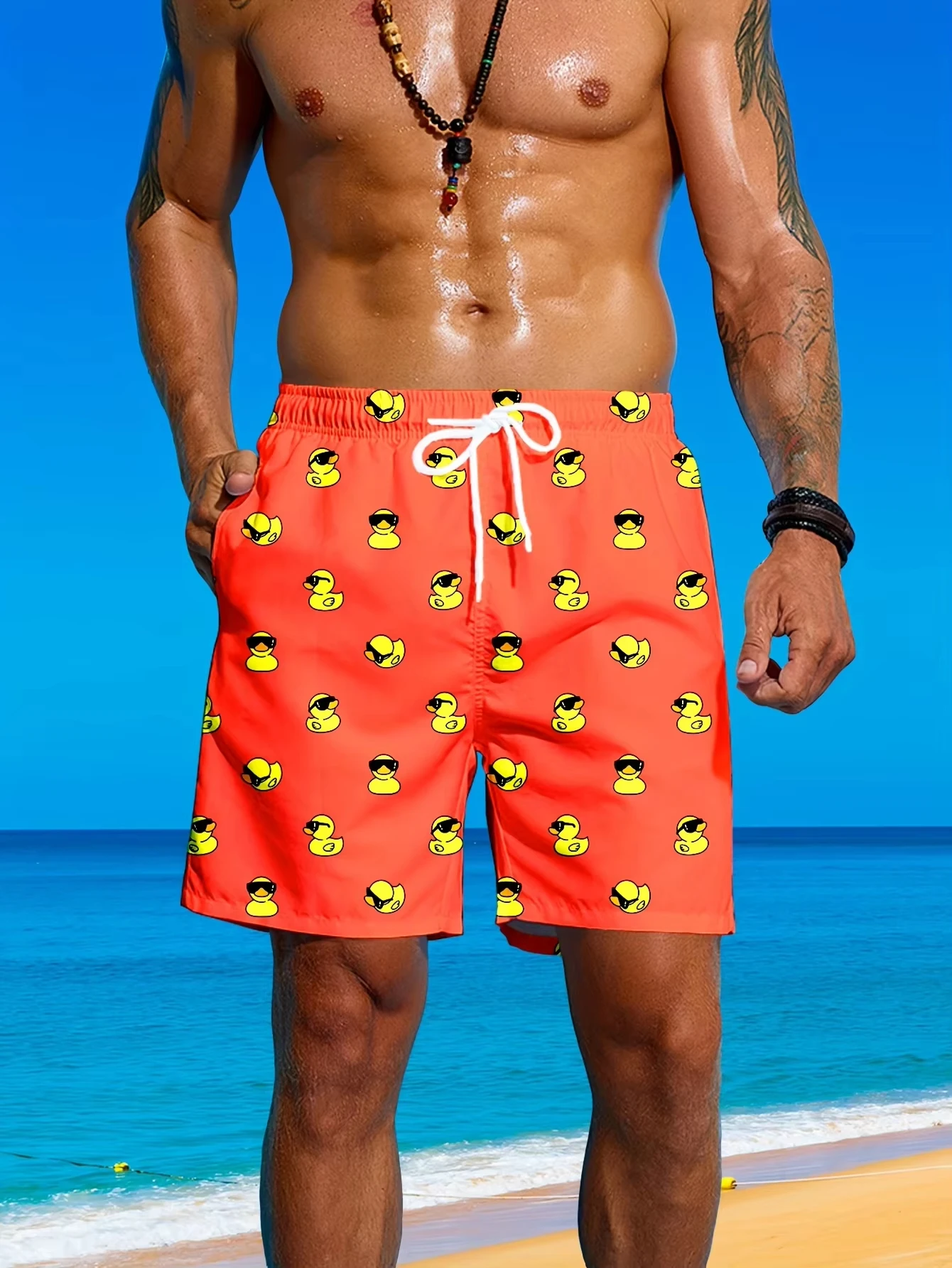 Summer Casual Beach Shorts Loose Fit Drawstring Swim Trunks Duck Pattern Men Shorts Beach Pool Trunks Fashion Streetwear Moto