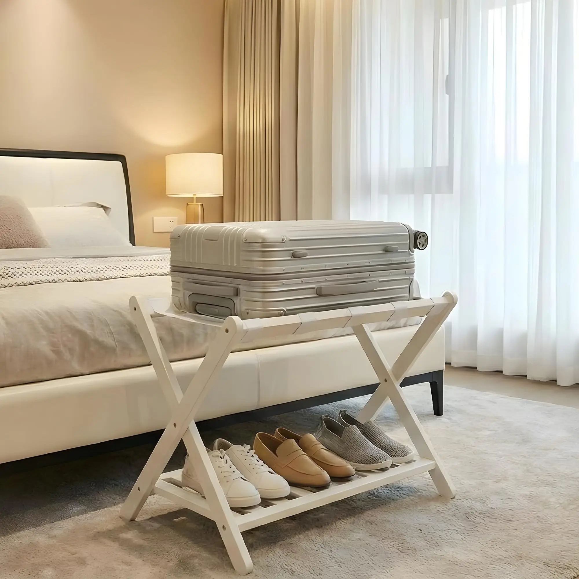 Portabagagli pieghevole in bambù di alta qualità con ripiano portaoggetti, 5 robuste cinghie in nylon, capacità di carico fino a 90 kg, supporto salvaspazio per valigie, ideale per camera da letto,
