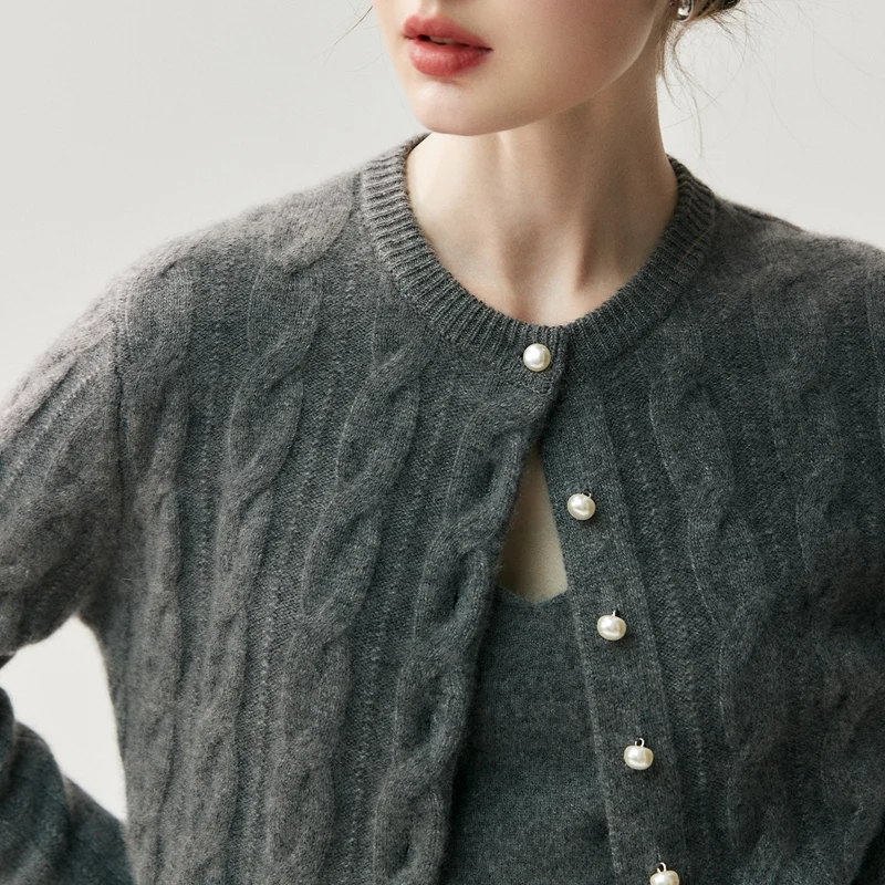 Damski sweter kardigan ze 100% kaszmiru, prosty dekolt okrągły, guziki z perłami, jesień-zima, miękki, ciepły, dzianina kaszmirowa, eleganckie bluzki do biura.
