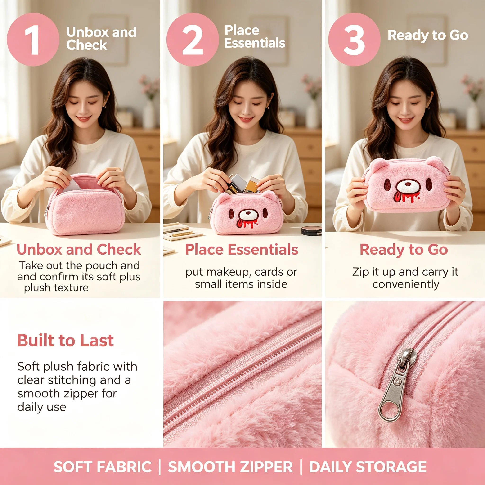 Bear Plush Makeup Bag Cute Cartoon Pink Fluffy Storage Pouch Portable Zipper Coin Purse Multifunctional Cosmetic Organizer