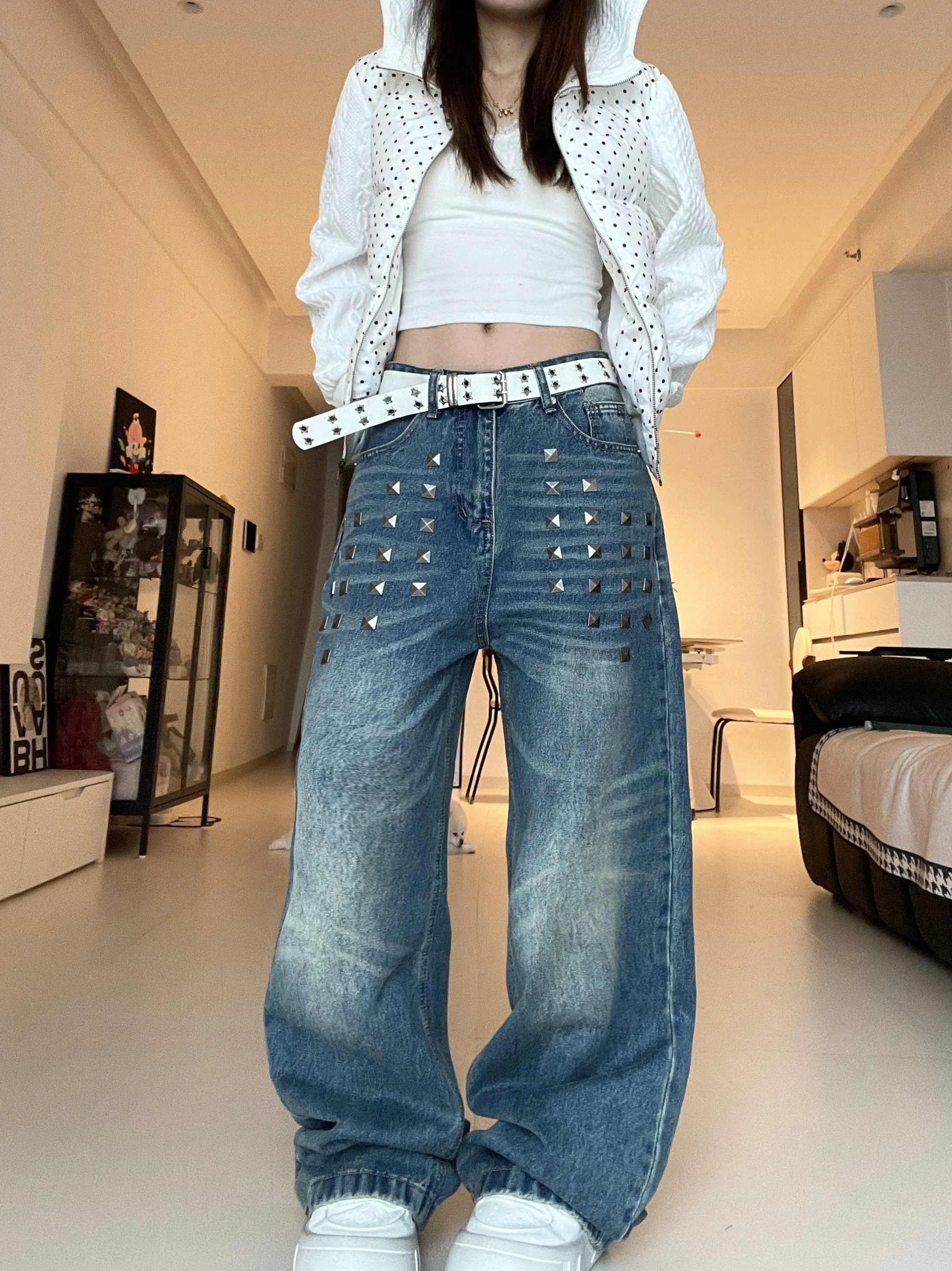 

Синие свободные женские джинсы в стиле панк с заклепками, прямые, повседневные, из хлопка, для осени и зимы