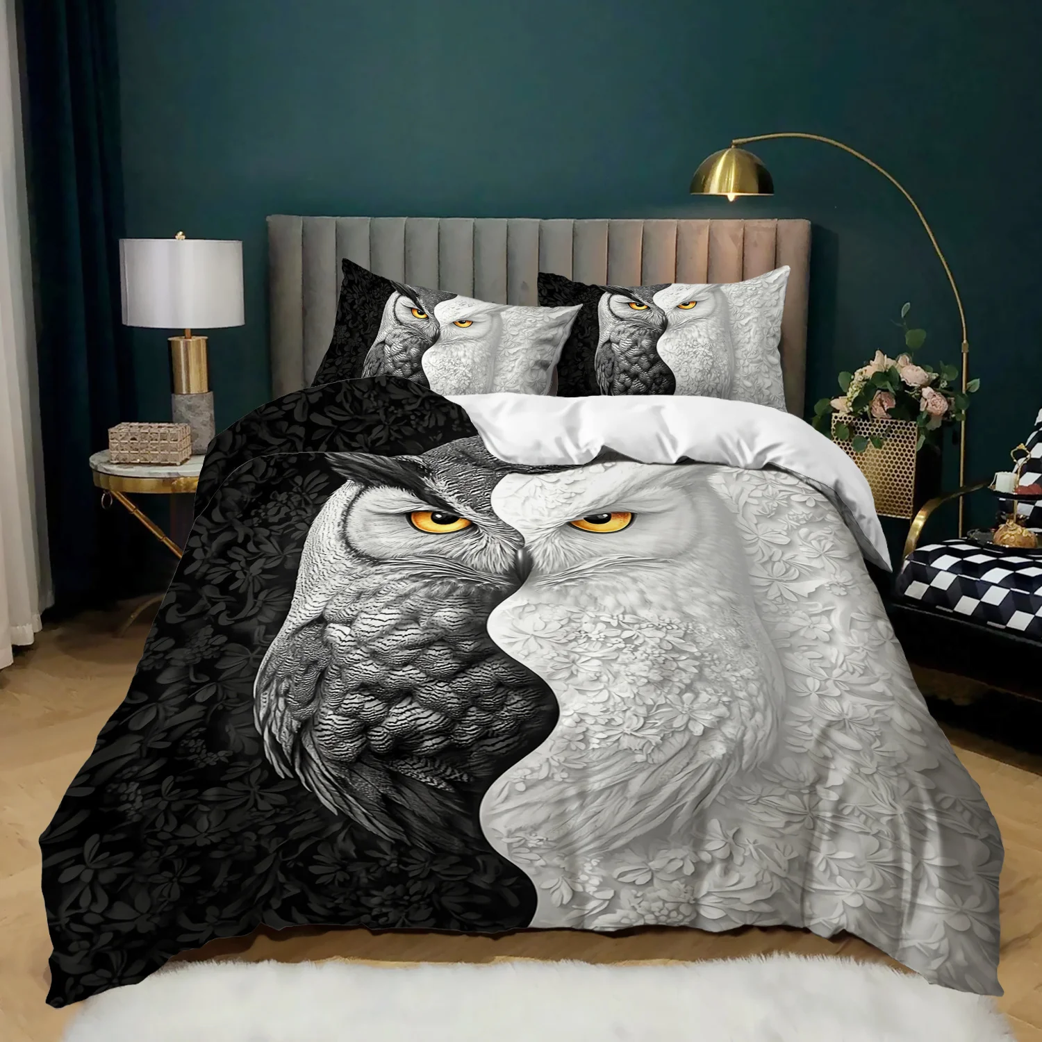 

3pcs Yin Yang Owl Bedding Duvet Cover Set Owl Bedding Quilt SetLuxury Animal Themed Bed Quilt SetBlack and White Owl