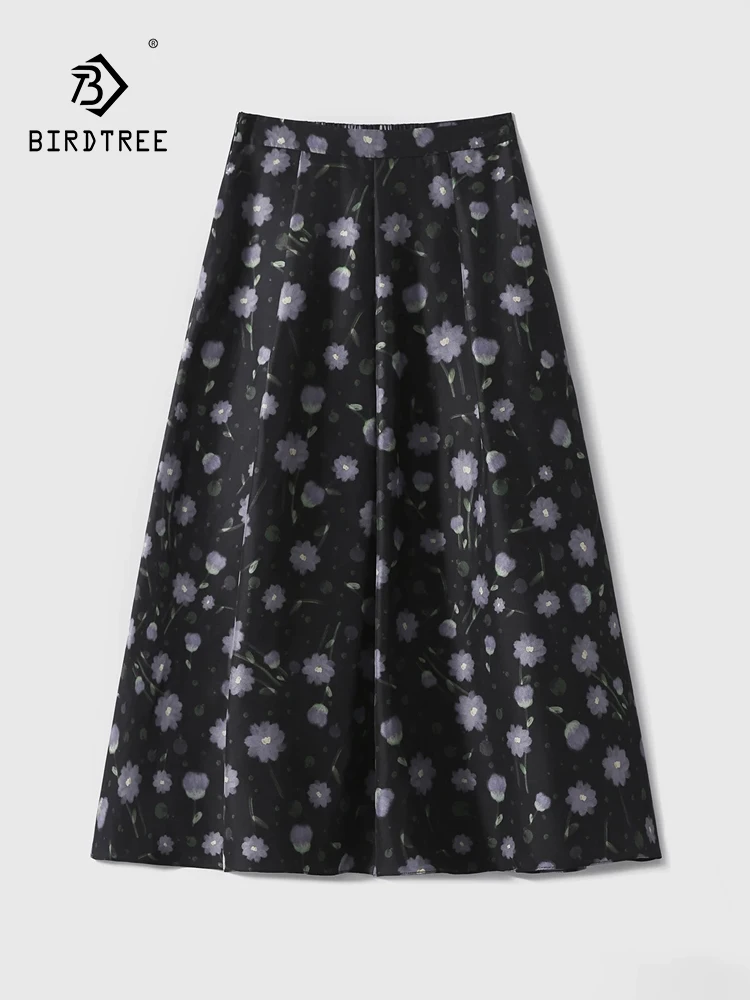 

BirdTree-100%Real Silk Elegant Skirts, Elastic High Waist Print, Women French Retro Vacation A-line Skirt, 2026 Summer B63645CC