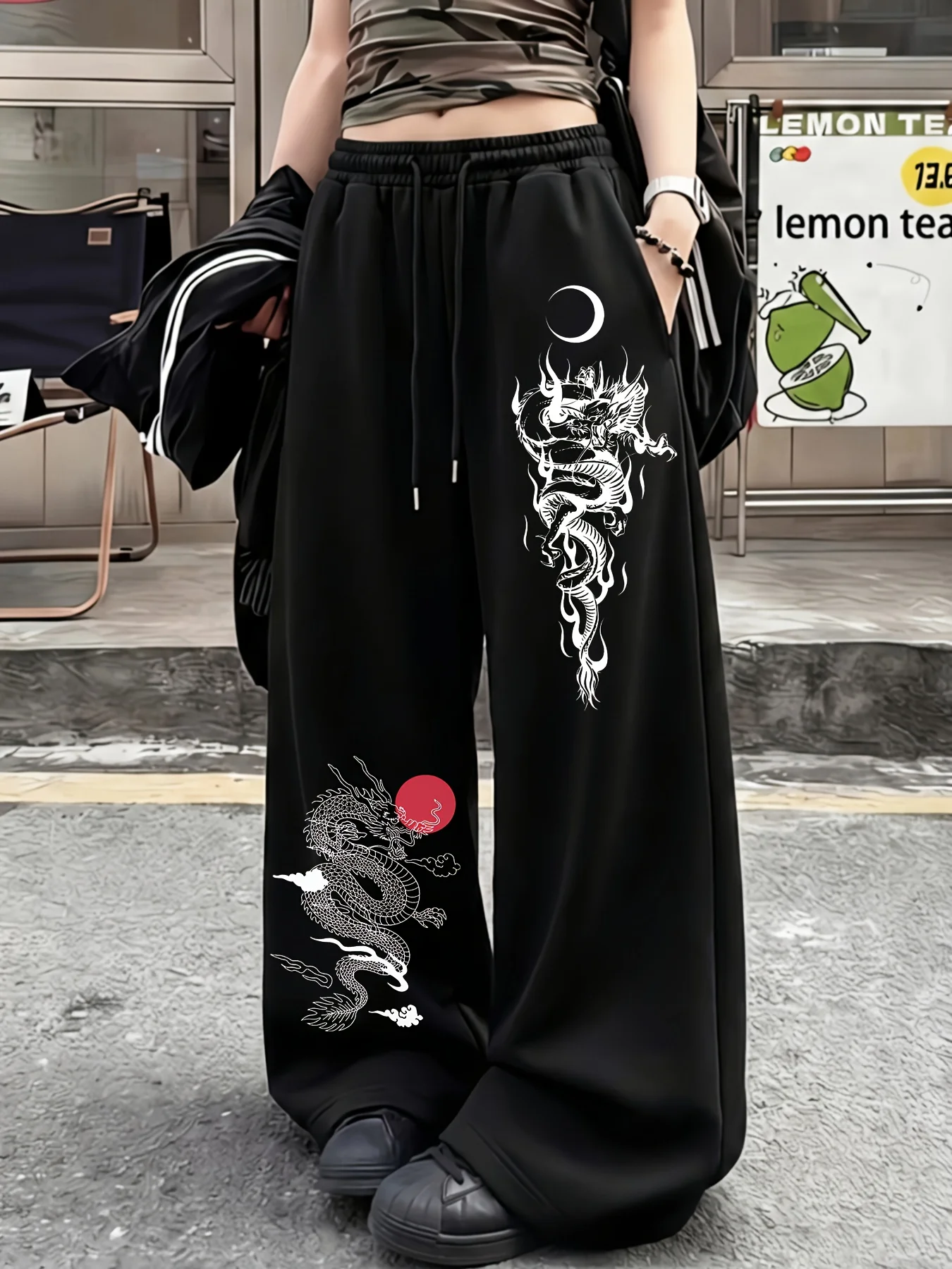 Women's Dragon Pattern Print Fleece Sweatpants for Autumn and Winter Warm Casual Loose Stylish and Versatile Streetwear Trendy