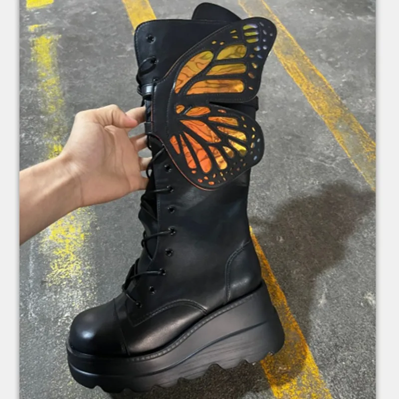 Large Size Red Slope Heel Motorcycle Boots Fashion Platform Butterfly Zip Lace Up Knee High Leather Boots Shoes for Women Gothic
