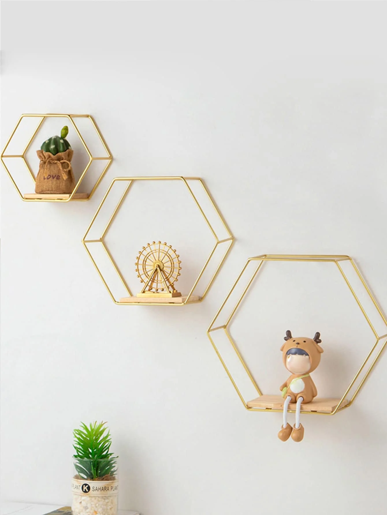 

[Christmas Decor] 3PCS Golden Wall-Mounted Iron Storage Racks w/Hooks - 3 Sizes for Home Living/Study/Dining