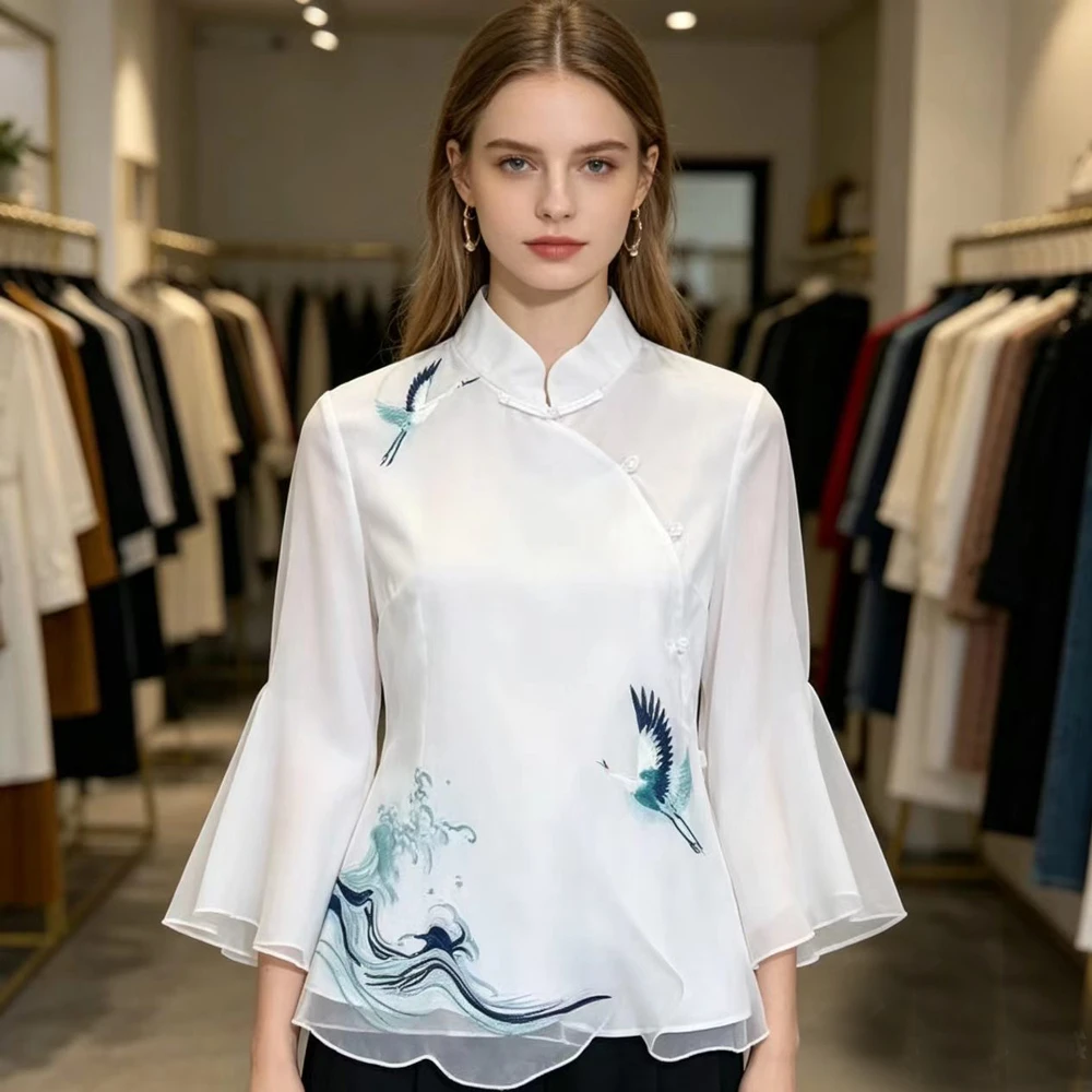 

Женские топы Hanfu с вышивкой журавля, рубашка в китайском стиле в стиле ретро, новинка 2024, костюм Тан, блузка, элегантные свободные женские рубашки ханбок