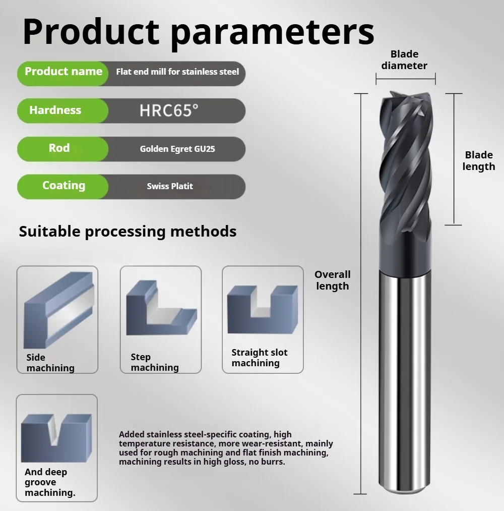 HCR65° 4 Flute Solid Tungsten Carbide Milling Cutter, Flat End Mill for Stainless Steel, CNC Cutting Tools Bit Milling D1-16 MM