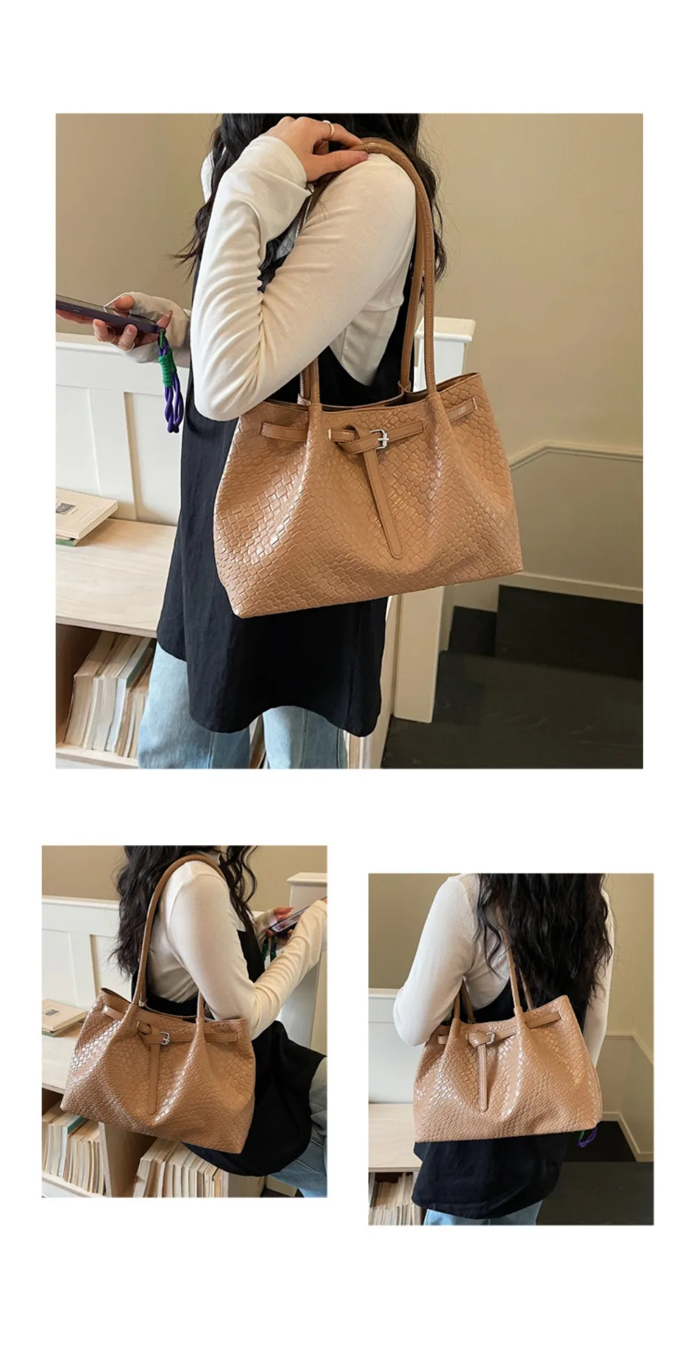 Schultertasche aus PU-Leder, elegante Retro-Handtasche mit großem Fassungsvermögen, erhältlich in 4 Farben, Einkaufstasche für den Arbeitsweg, Schule/Reisen/Arbeit – Detail 5