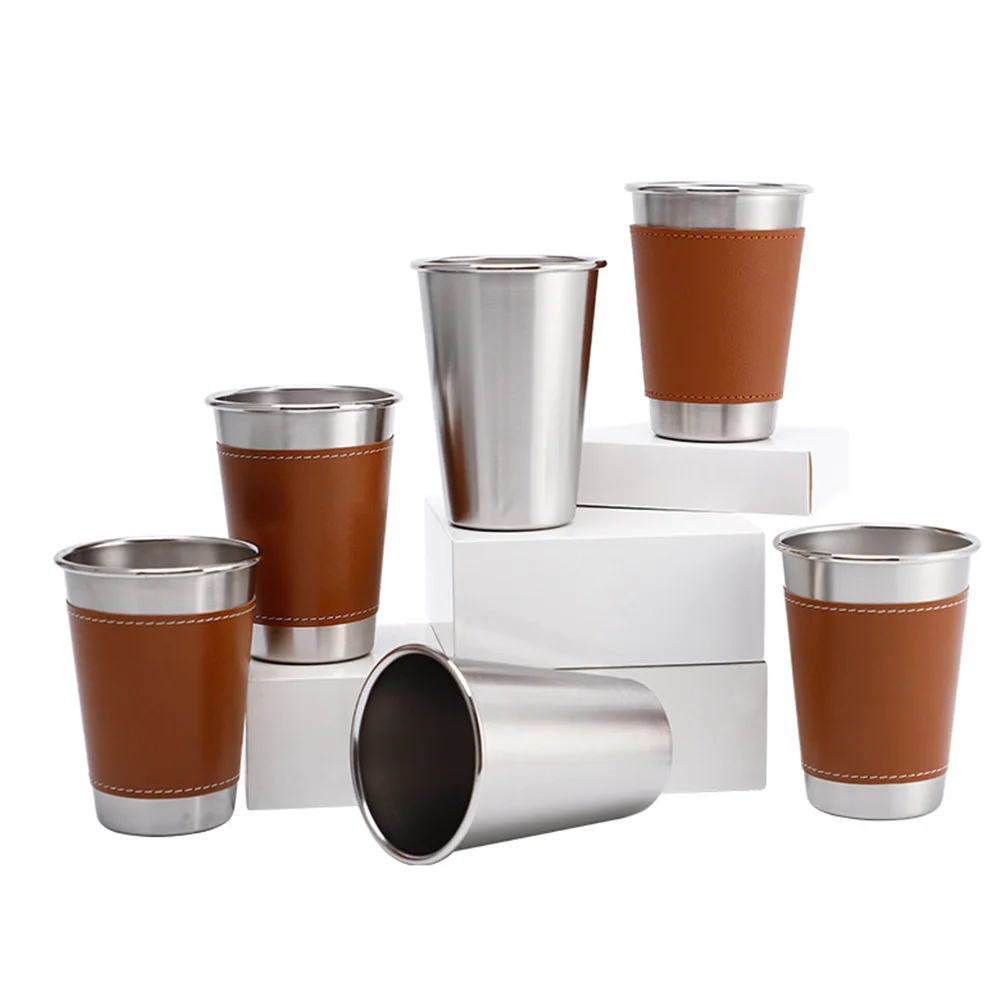 

2Pcs Stainless Steel Beer Mugs PU Cover Cups Home Tableware Party Tumbler Gifts Birthday Wedding