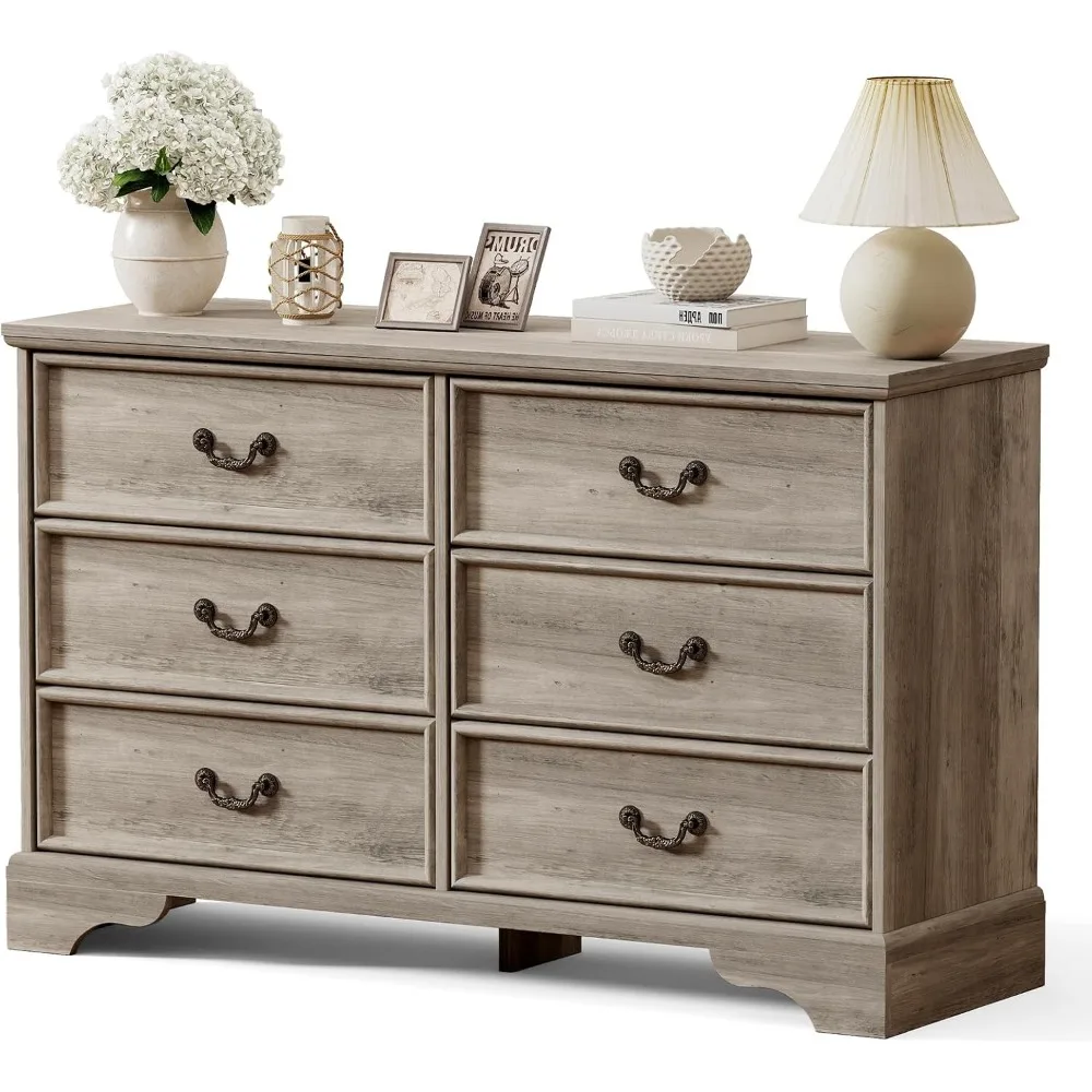 

BREEZEHEAT 47 Inch Farmhouse 6 Drawer Dresser–Rustic Wood Chest of Drawers TV Stand with Vintage Brass Handles, Storage Organize