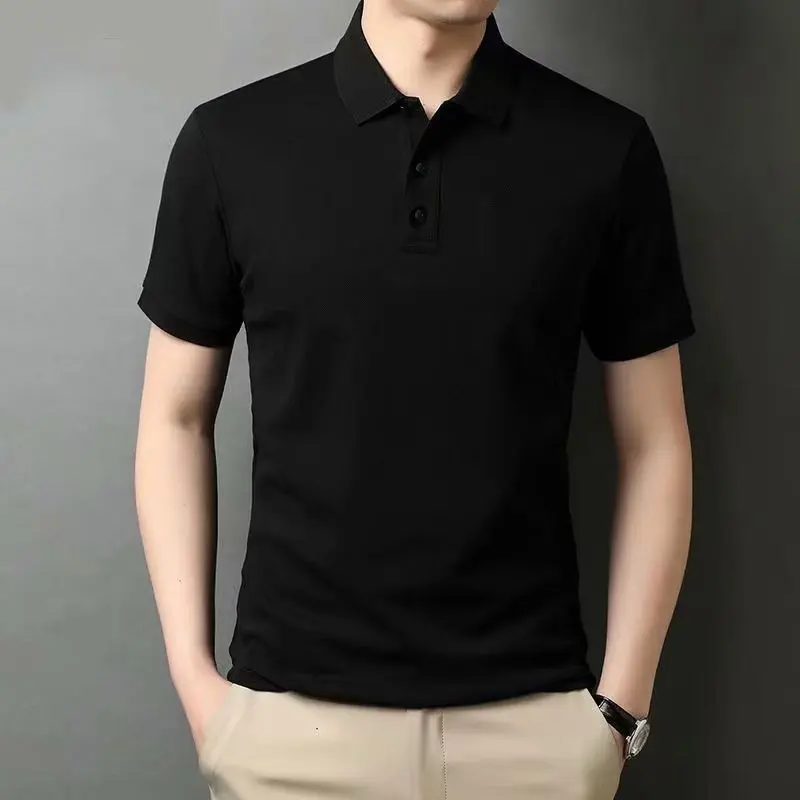 Mens Lapel Collar Short Sleeve Polo Shirt Button Placket Slim Fit Business Casual Solid Top