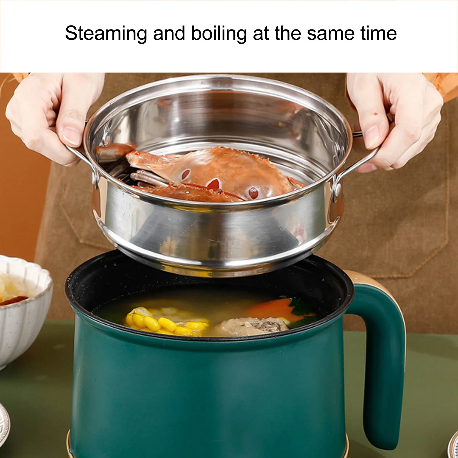 وعاء طهي كهربائي أخضر 1.8 لتر 600 وات مع بخار 2 مستوى قابل للتعديل مضاد للالتصاق طباخ متعدد الوظائف للحساء المعكرونة