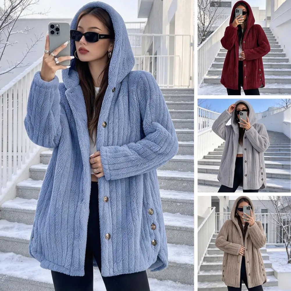 Women's Winter Korean Long style Female Warm Loose Plush Hooded Thick Coat Jacket Button Hooded Loose Coat Winter Outerwear