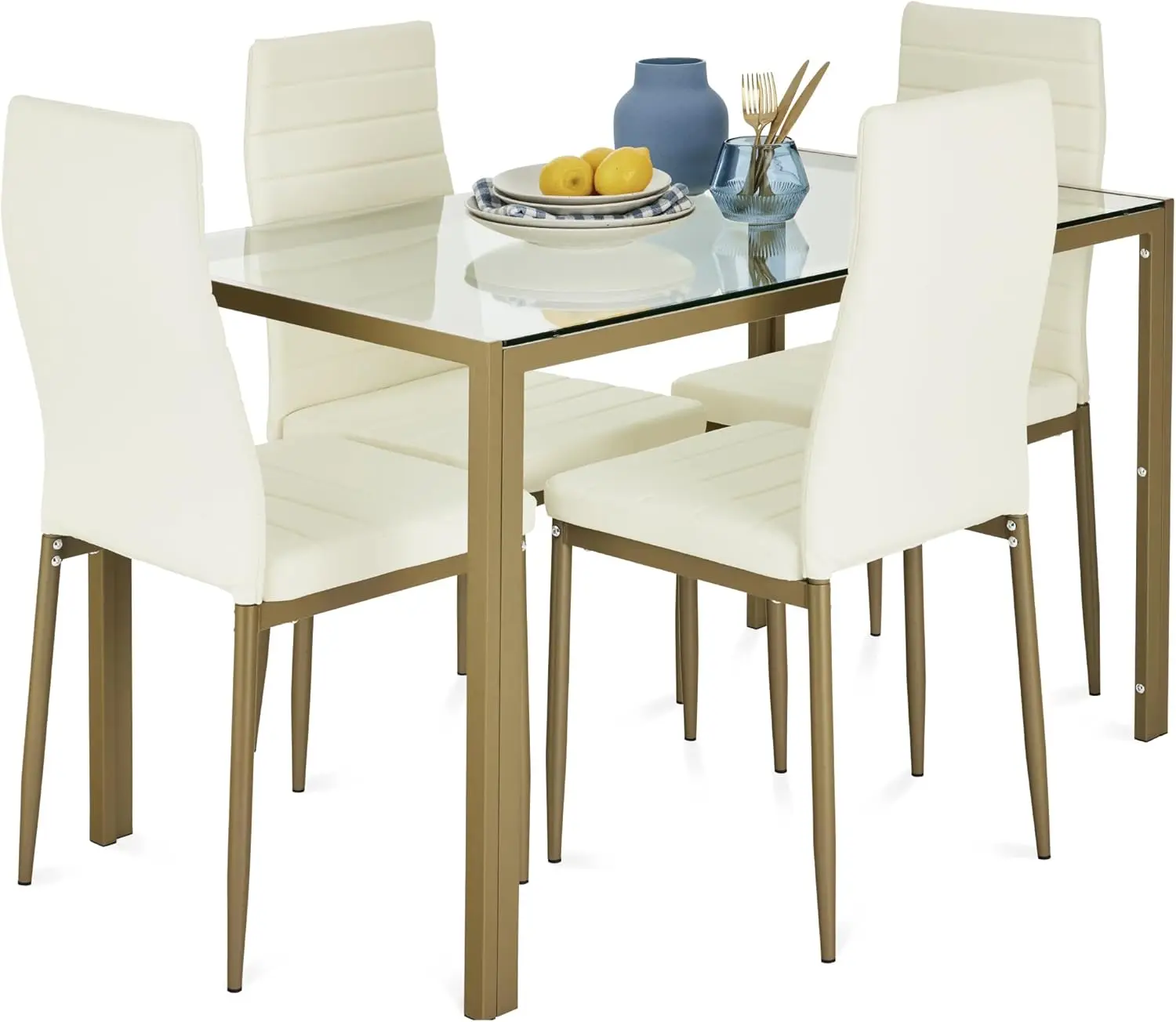 5-piece glass cutlery set, compact and space saving, with glass tabletop, 4 cushioned PU chairs, metal steel frame - ivory/gold