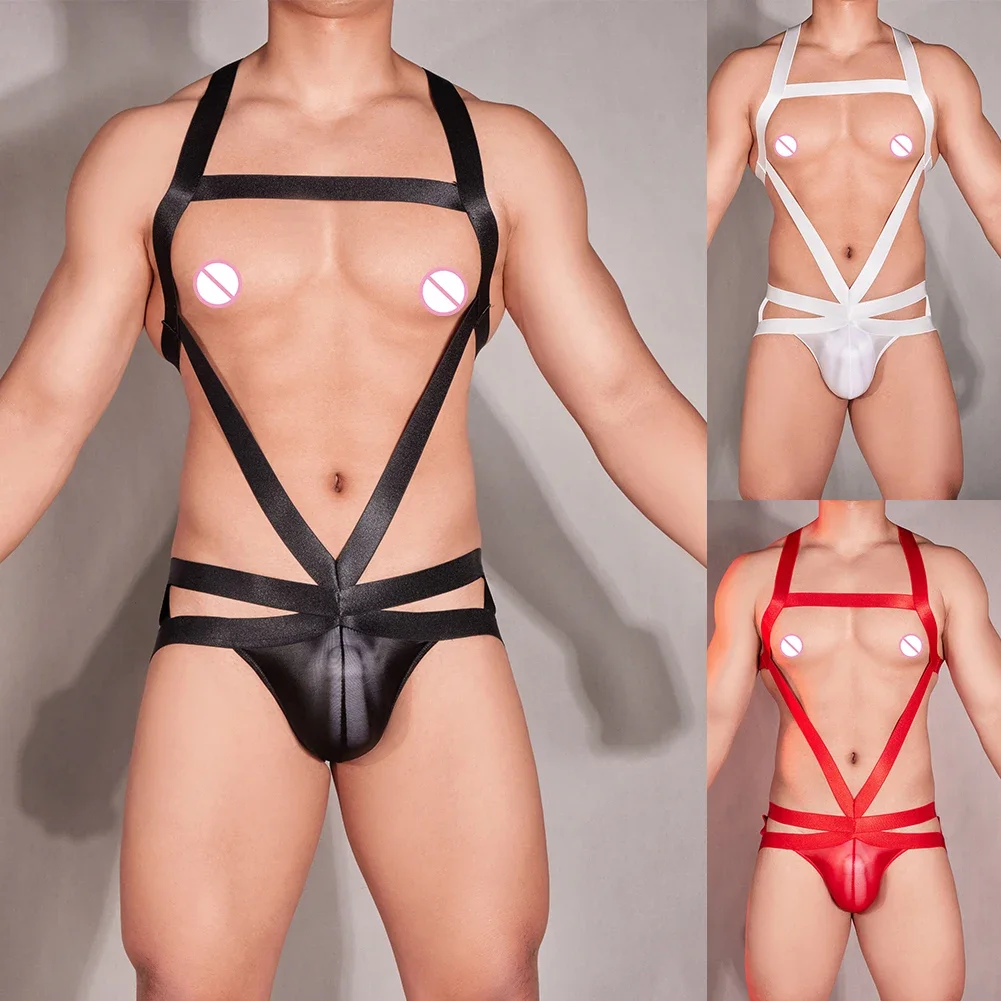 

Men's Sexy Lingerie Oil Shiny Hollow Out Bodysuit Underwear Elastic Body Chest Harness Jumpsuits Nightwear