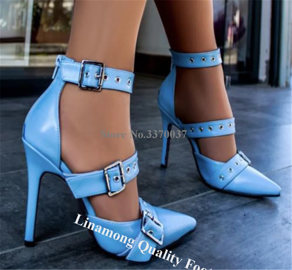 Pink White Metal Buckles Pumps Linamong Women Sexy Pointed Toe Matte Leather Straps Belts Stiletto Heel Dress Shoes Party Heels