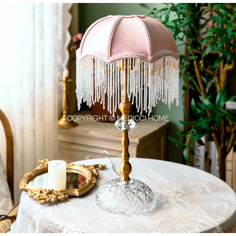 Medicci Home Retro Velvet Pink Lampshade With Beaded Tassel Girls Bedroom INS European Luxe Lamp Cover Replacement Dropshipping