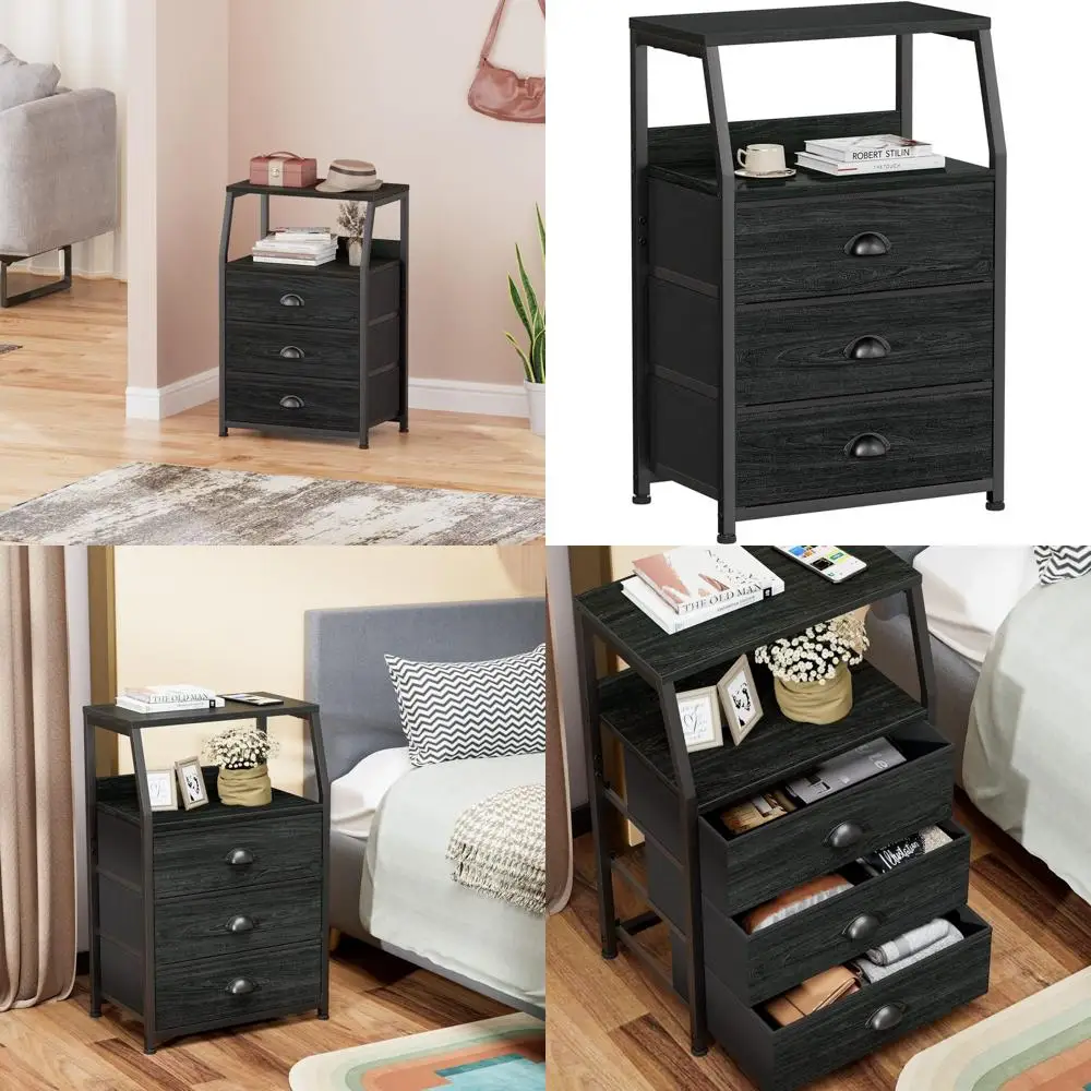 

Compact 3-Drawer Nightstand with 2-Tier Shelf, Ideal for Bedroom, Hallway, or Nursery, Sturdy Steel Frame, Wooden Top