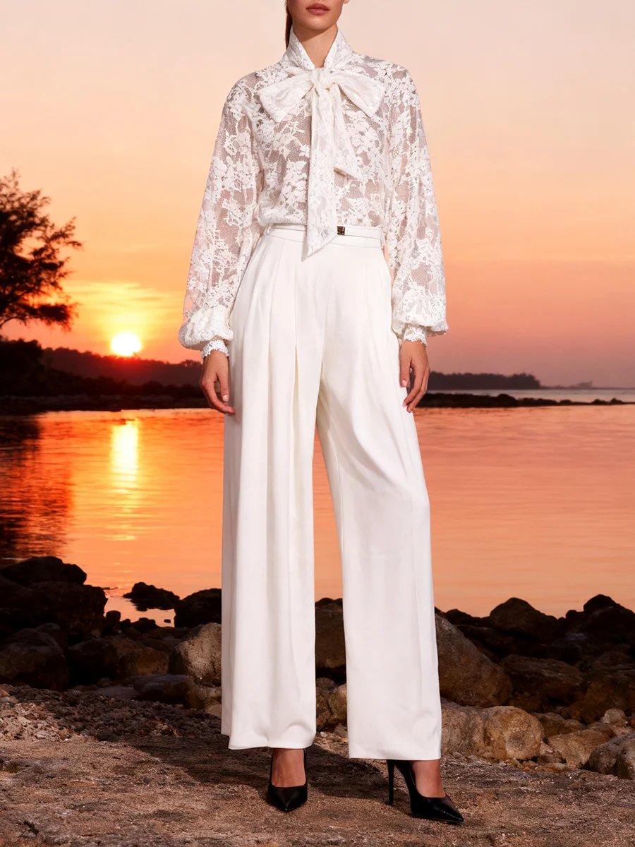 VGH Casual Solid Slimming Two Piece Sets For Women Round Neck Long Sleeve Lace Top High Waist Pants Elegant Set Female Fashion