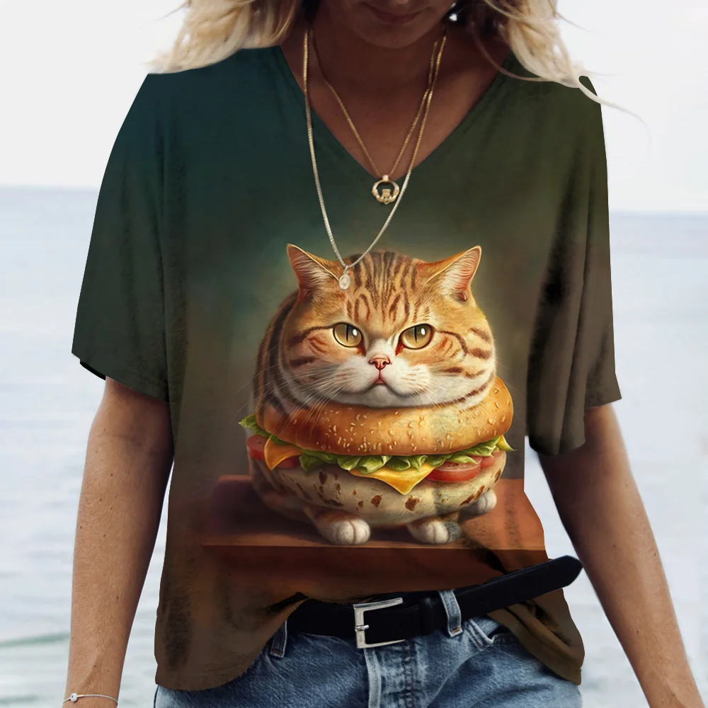 Camiseta feminina de manga curta estampada de gato, camiseta feminina Harajuku, tops extragrandes com decote em v, roupas animais, moda feminina