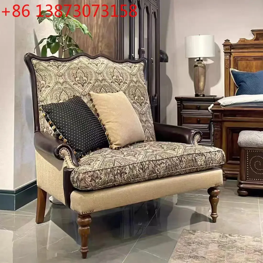 

Кресло в американском стиле кантри для любителей деревенской мебели, комбинированное из кожи и ткани, с высокой спинкой, из массива дерева, в стиле ретро, для гостиной, двойное, жаккардовое.