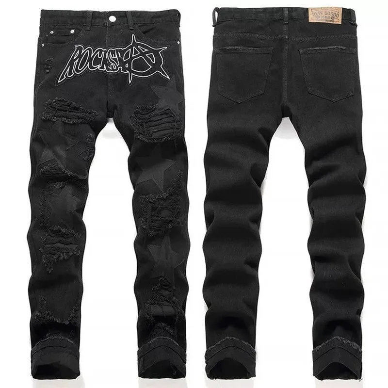 

2025 Spring and Autumn New Fashion Trend Black Ripped Straight Leg Jeans Men's Leisure Sports High Quality Stretch Denim Pants