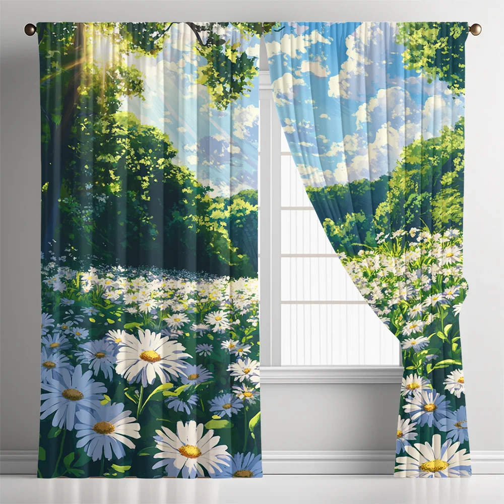 Daisy Meadow & Sunlight Forest Curtains Set of 2 Rod Pocket Semi Sheer for Living Room Bedroom Decor