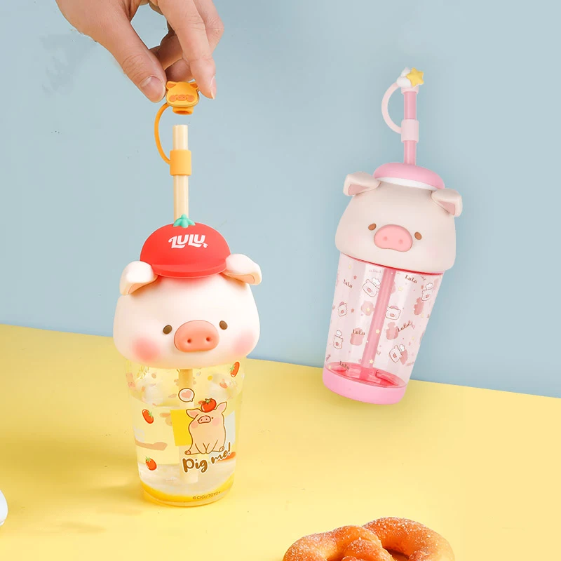 450ml Lulu Pig Sippy Cup Creative Cartoon Baby Feeding Cups With Straws Leakproof Water Bottles Outdoor Portable Children Cups